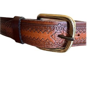 Vintage Tooled Western Genuine‎ Leather Belt Brown Cowboy Rodeo Sz 36 NWOT